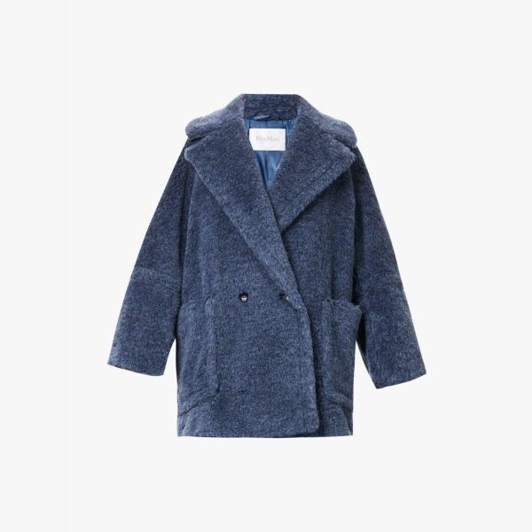 

Короткое двубортное пальто из шерсти с изображением плюшевого мишки Max Mara, синий