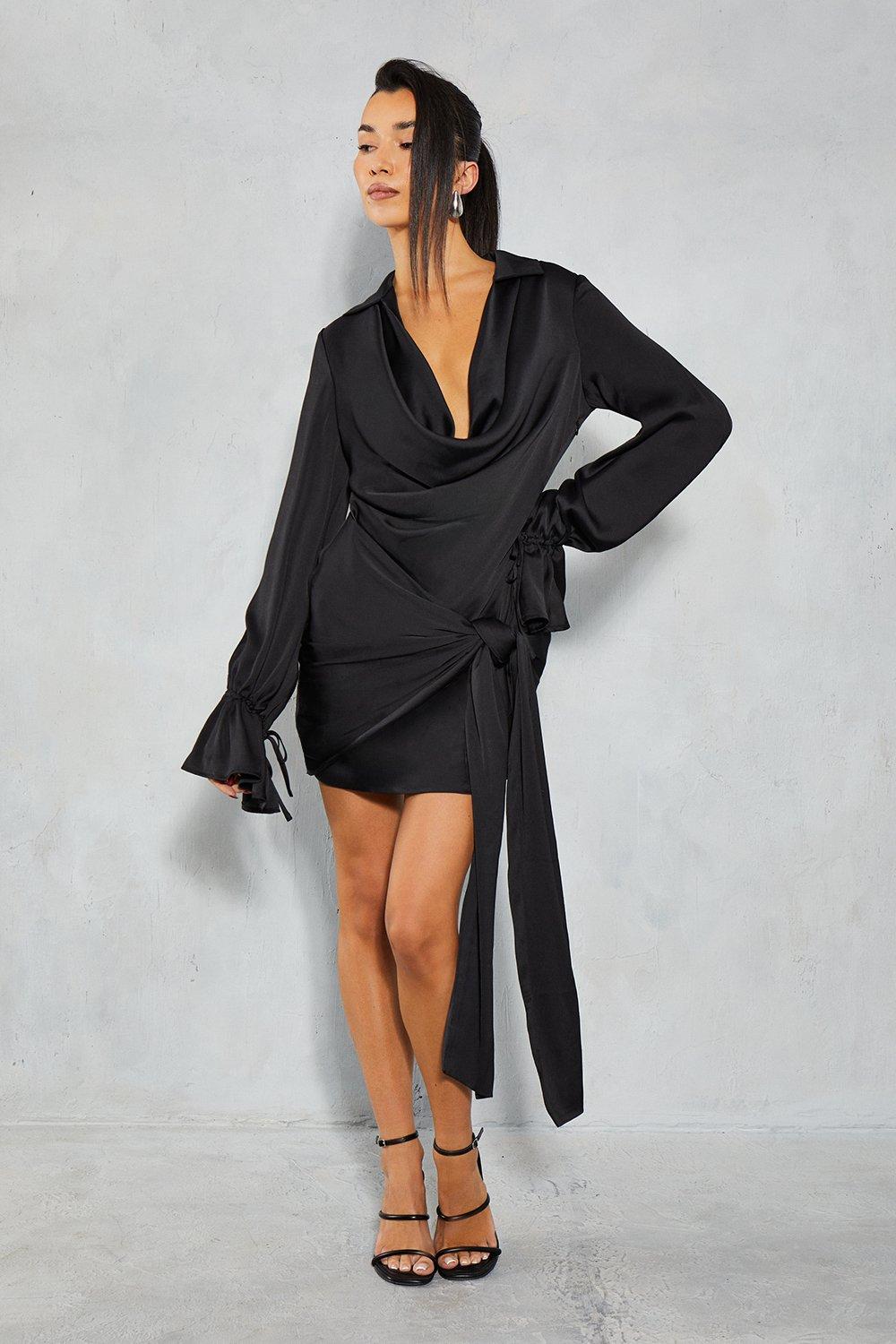 Атласное мини-платье с глубоким вырезом и драпировкой MISSPAP, черный цена и фото