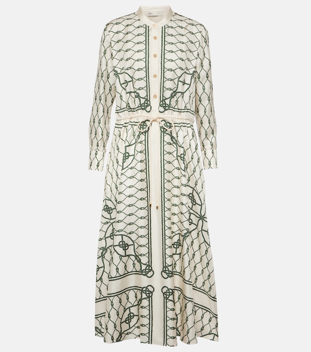 Платье-рубашка из шелкового твила с принтом Tory Burch, зеленый цена и фото