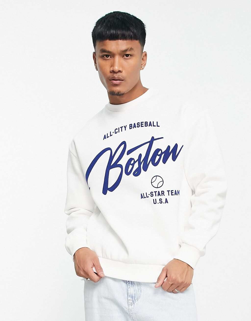 

Белая толстовка с принтом спереди Bershka Boston, Белый