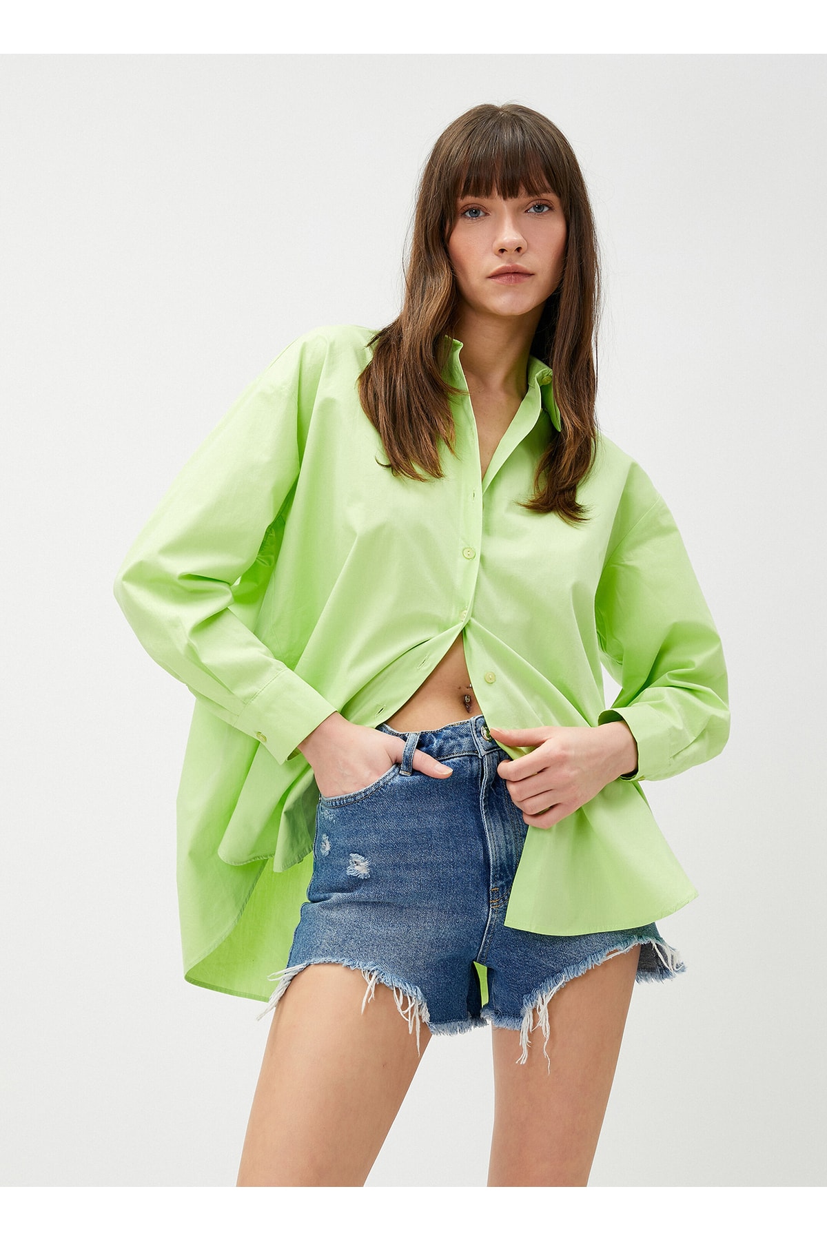 Рубашка с воротником рубашки однотонная зеленая женская Koton, зеленый женская мятная рубашка koton зеленый