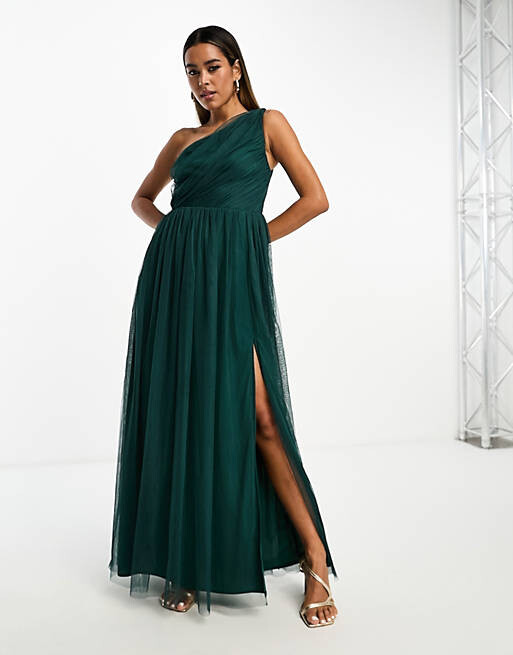 

Изумрудно-зеленое платье макси на одно плечо из тюля Anaya Bridesmaid