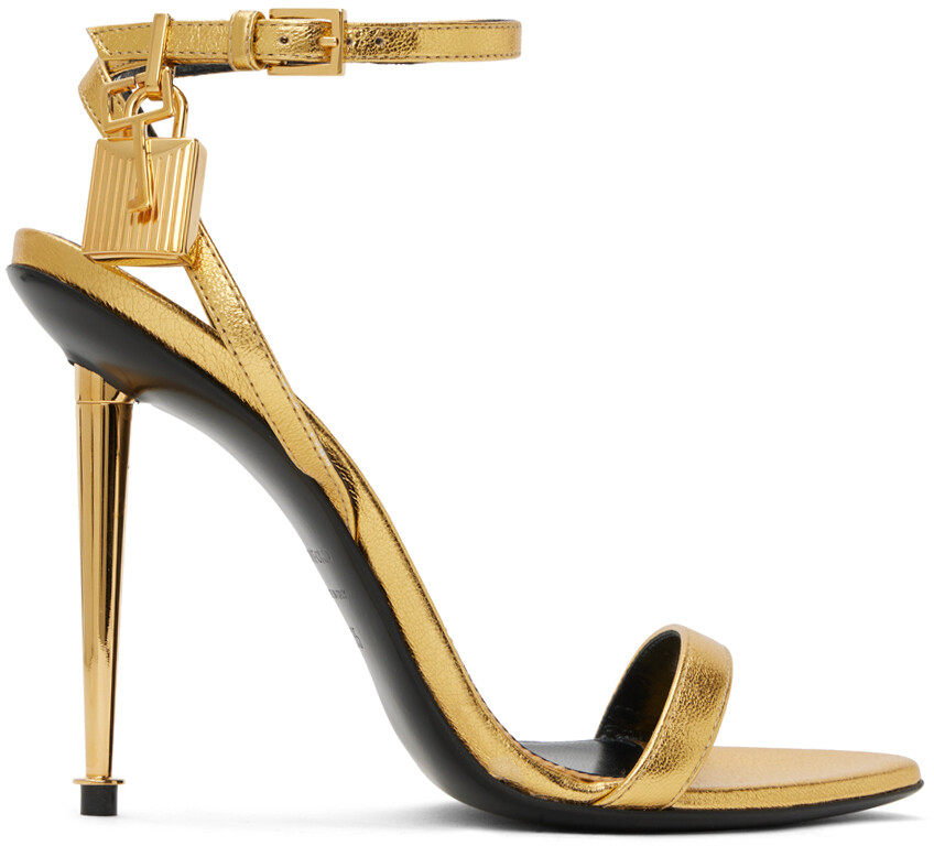 

Золотые босоножки на каблуке с острым носком и замком Tom Ford, цвет Gold