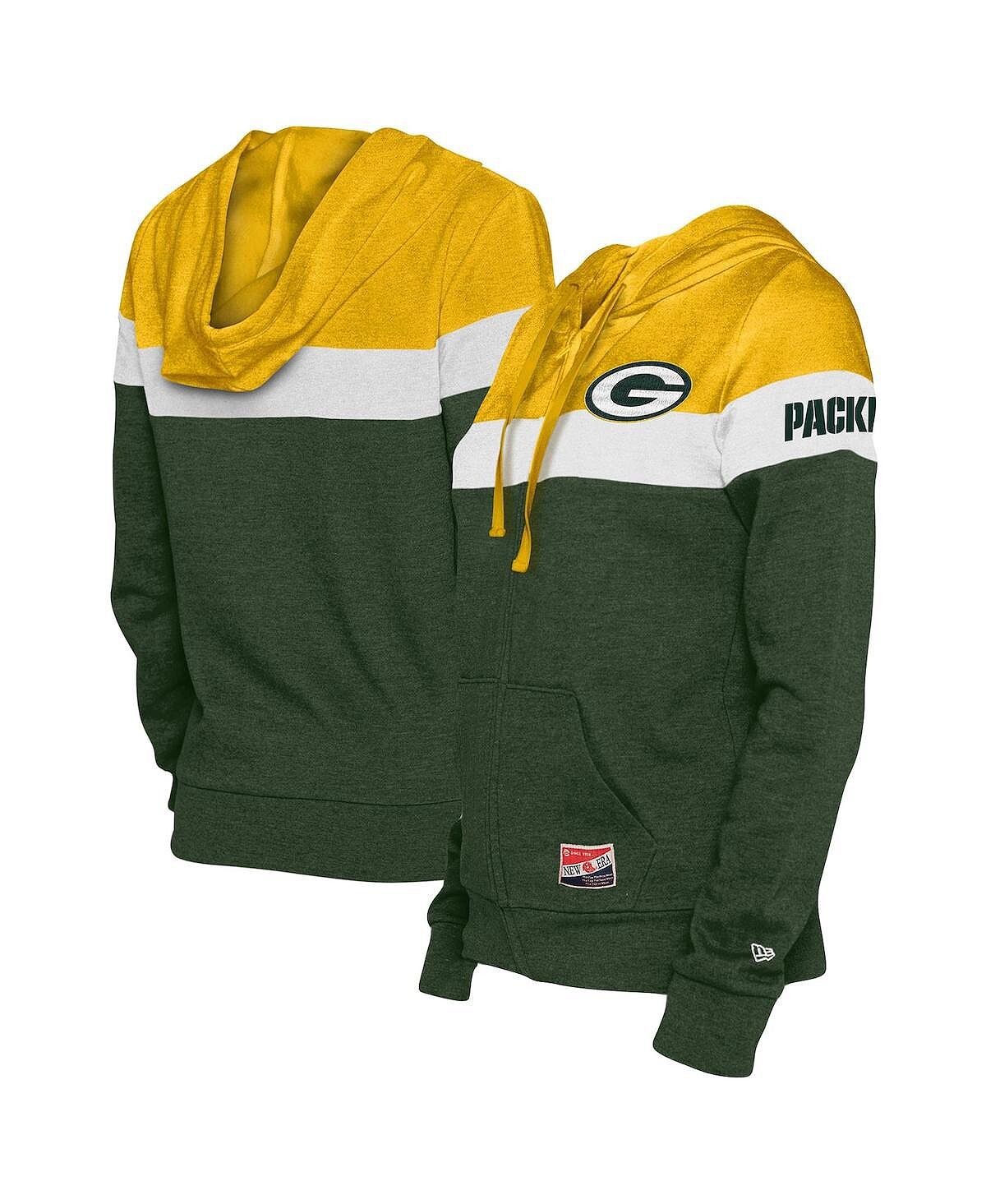 

Женская толстовка с молнией во всю длину зеленого и золотого цвета Green Bay Packers Throwback Colorblock New Era