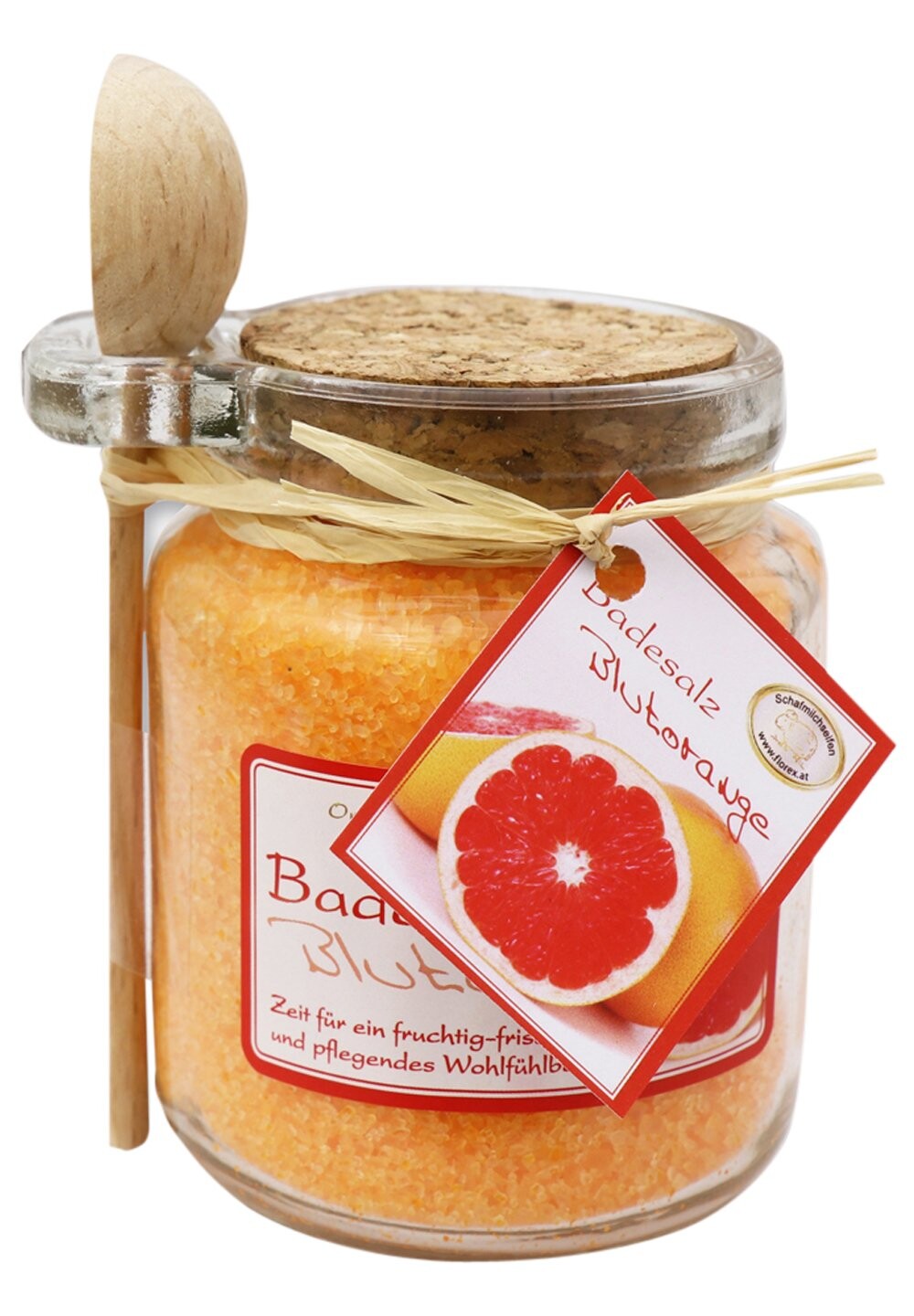 

Добавка для ванны BADESALZ BLUTORANGE MIT SCHAFMILCH GLAS MIT HOLZLÖFFEL Florex, цвет orange