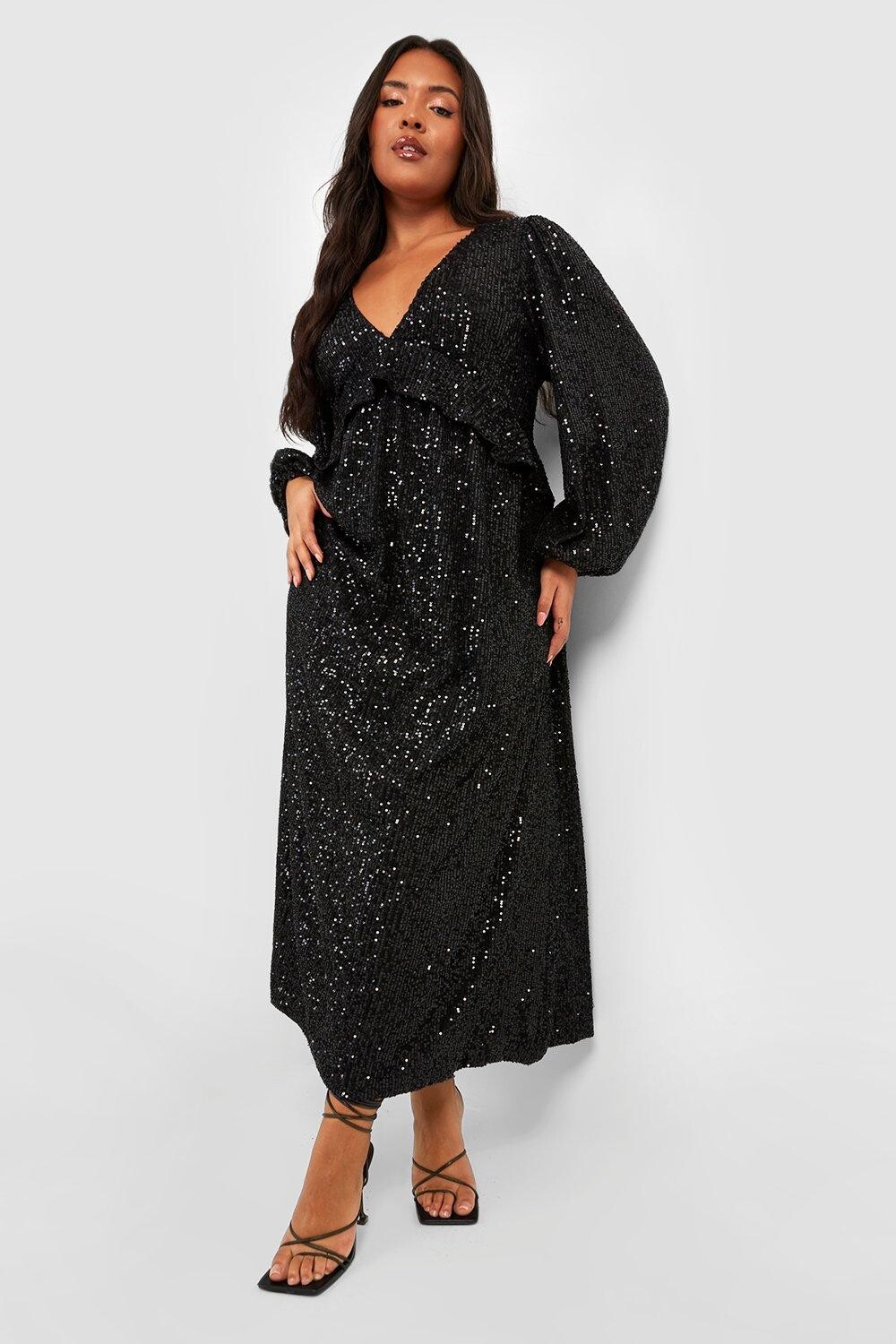 

Платье мидакси с оборками и пайетками Plus boohoo, черный