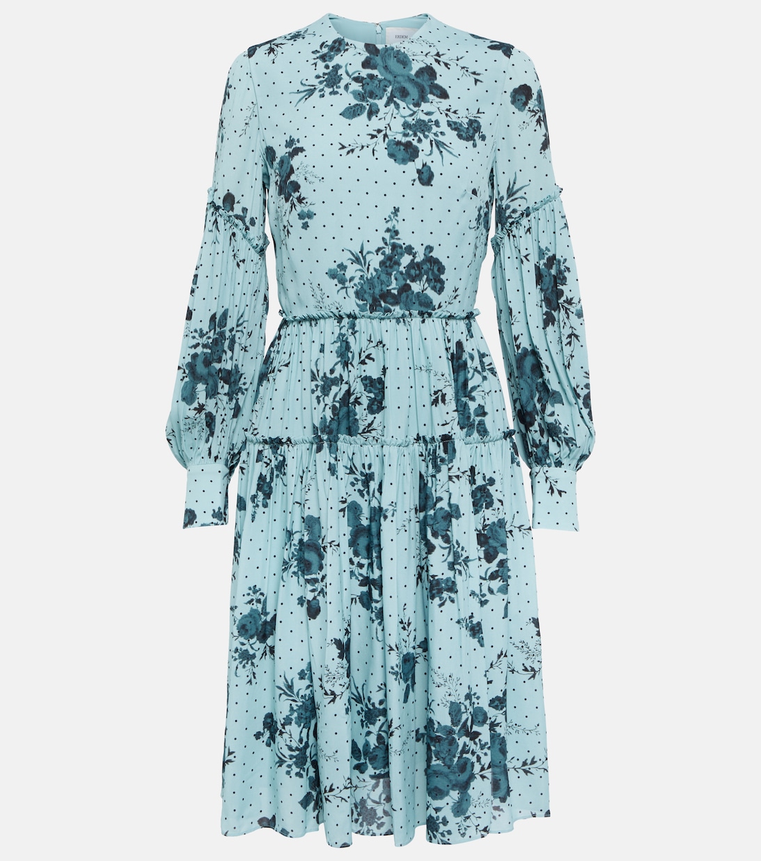 Ярусное мини-платье из крепа с цветочным принтом ERDEM, синий