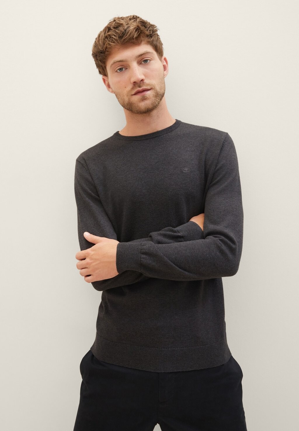 

Свитер BASIC CREW NECK TOM TAILOR, черно-серый меланж, Черный