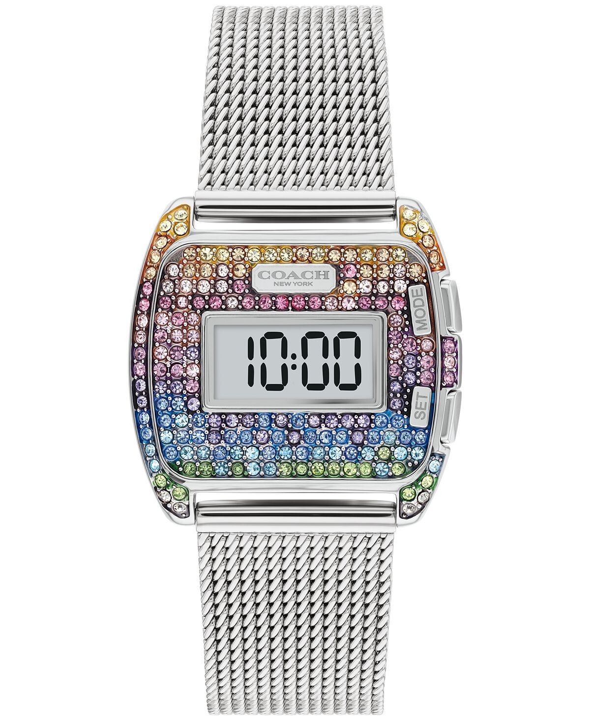 

Женские часы Darcy Digital Rainbow, серебристые, из нержавеющей стали, с сетчатым браслетом, 30 мм COACH, серебро