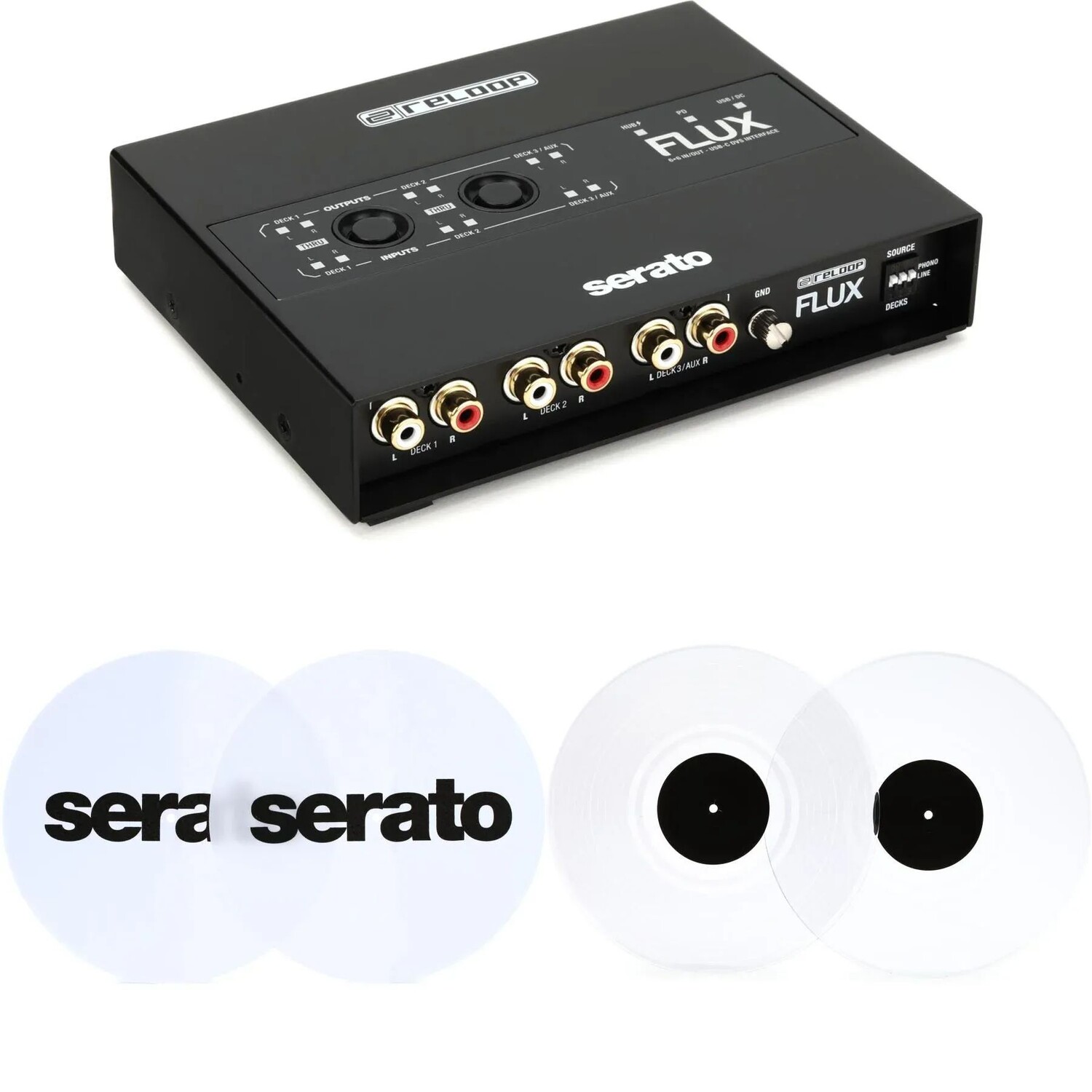 

3-канальный интерфейс Reloop Flux 6x6 DVS для Serato DJ Pro с 12-дюймовой виниловой наклейкой и блокировкой управления