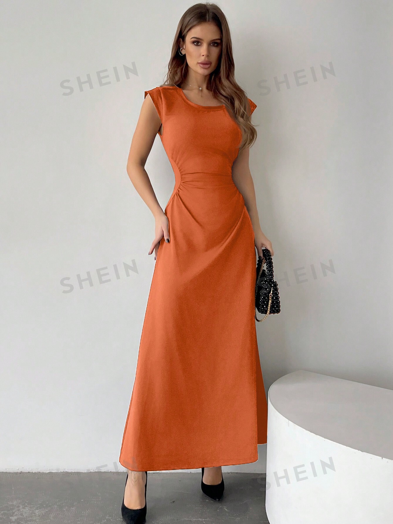 SHEIN Privé Платье с плиссированной талией и трапециевидным подолом, апельсин