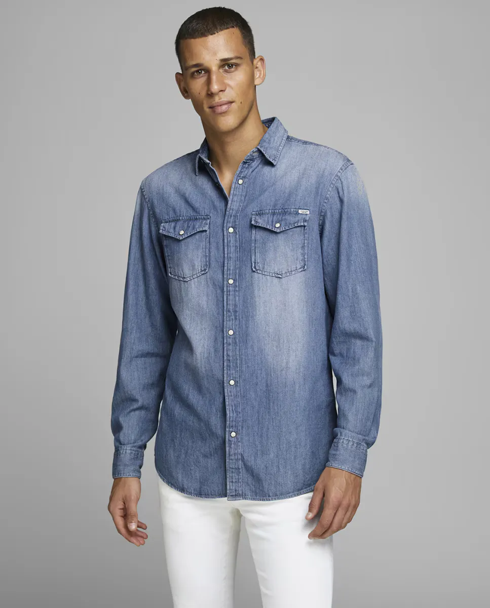 

Узкая синяя джинсовая мужская рубашка Jack & Jones