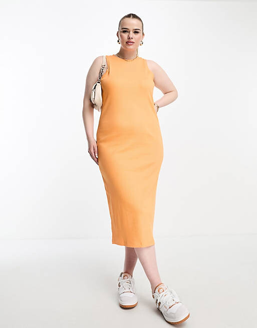 

Оранжевое облегающее трикотажное платье миди без рукавов Vero Moda Curve, Оранжевый