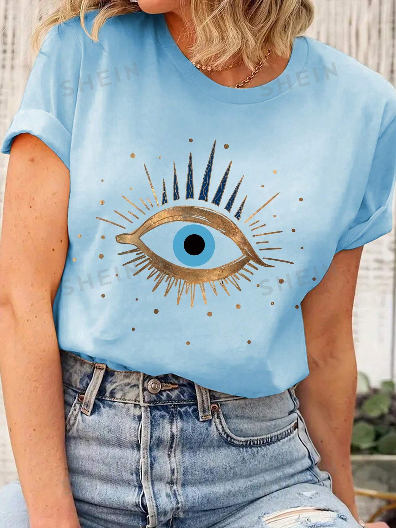 SHEIN Essnce Женская футболка с круглым вырезом и короткими рукавами с принтом Солнца и Луны, голубые