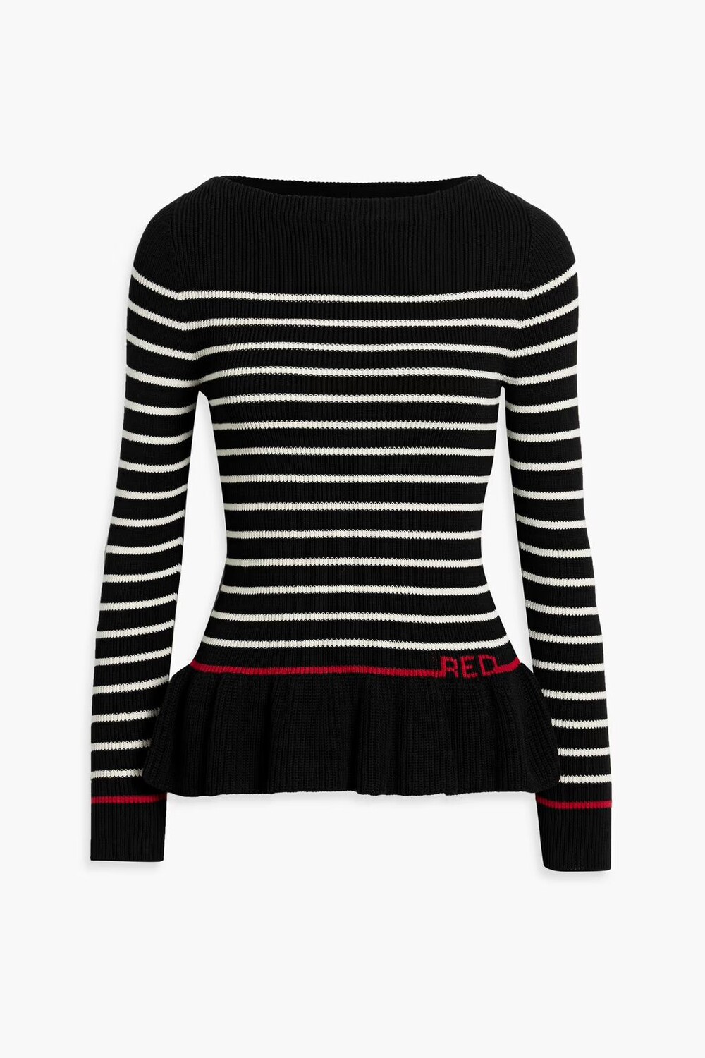 

Хлопковый свитер в рубчик в полоску с рюшами Redvalentino, черный