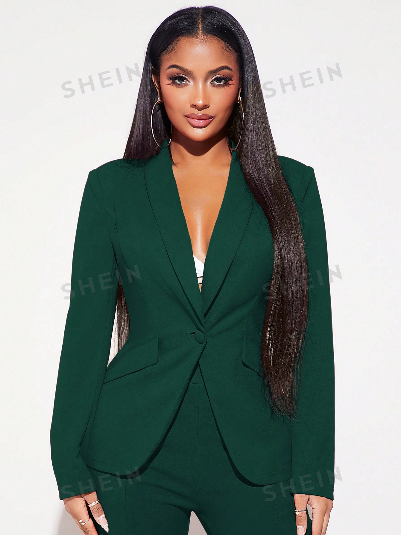 SHEIN SXY Женский однобортный пиджак с закругленным воротником, темно-зеленый