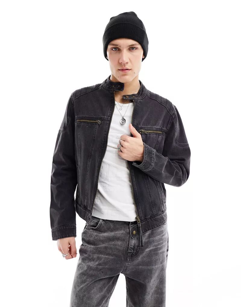 Черная джинсовая куртка без воротника со вставками ASOS