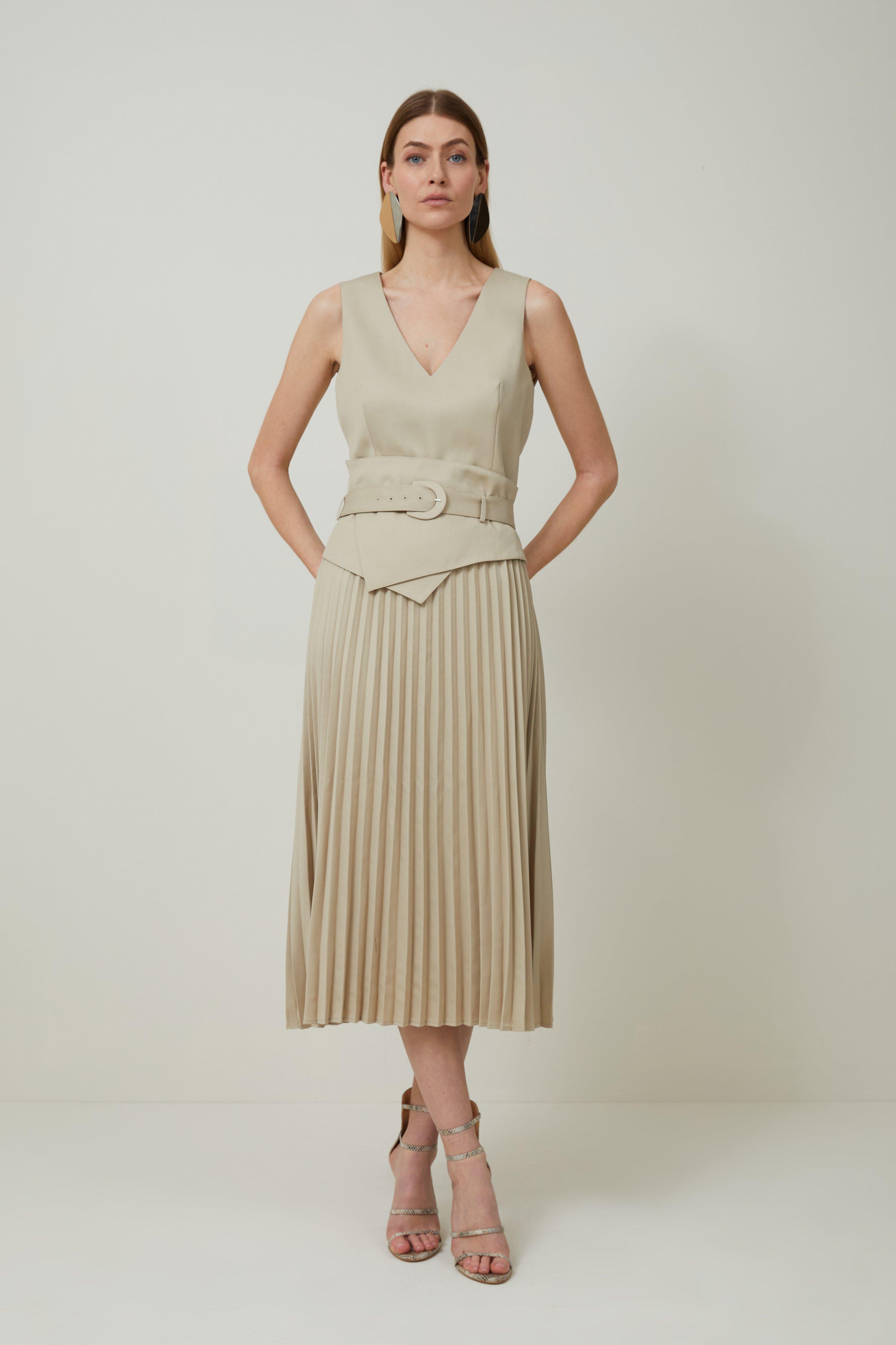 Индивидуальное платье миди со складками и поясом из смесовой шерсти Karen Millen, бежевый фото