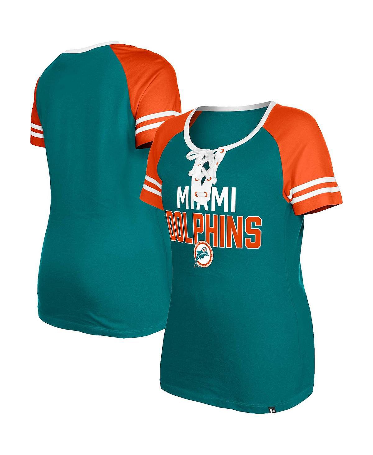 

Женская футболка Aqua Miami Dolphins Throwback реглан на шнуровке New Era