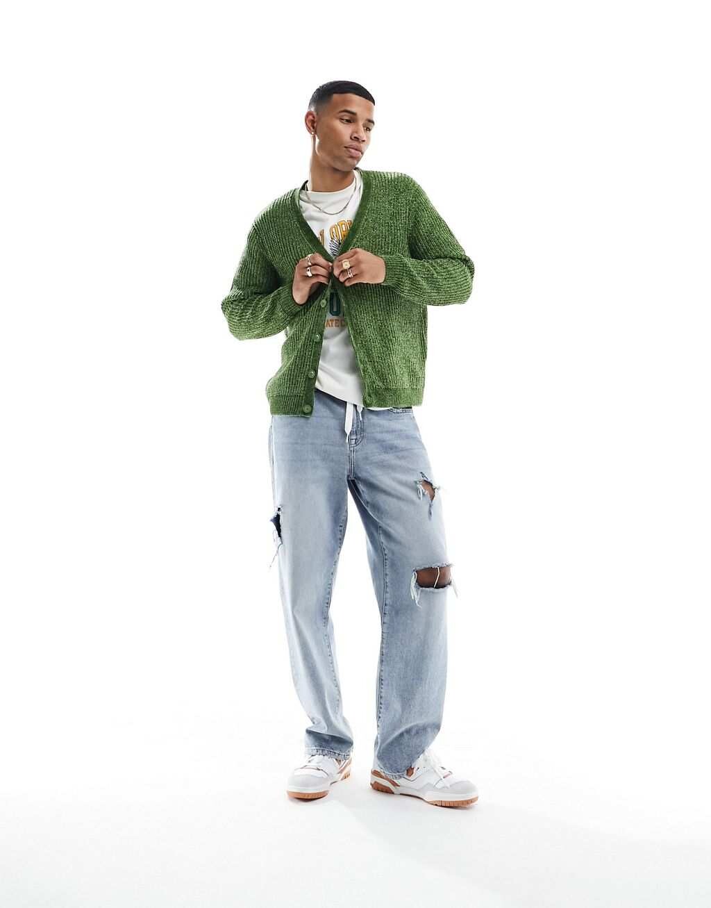 

Свободный вязаный кардиган цвета хаки из синели ASOS DESIGN
