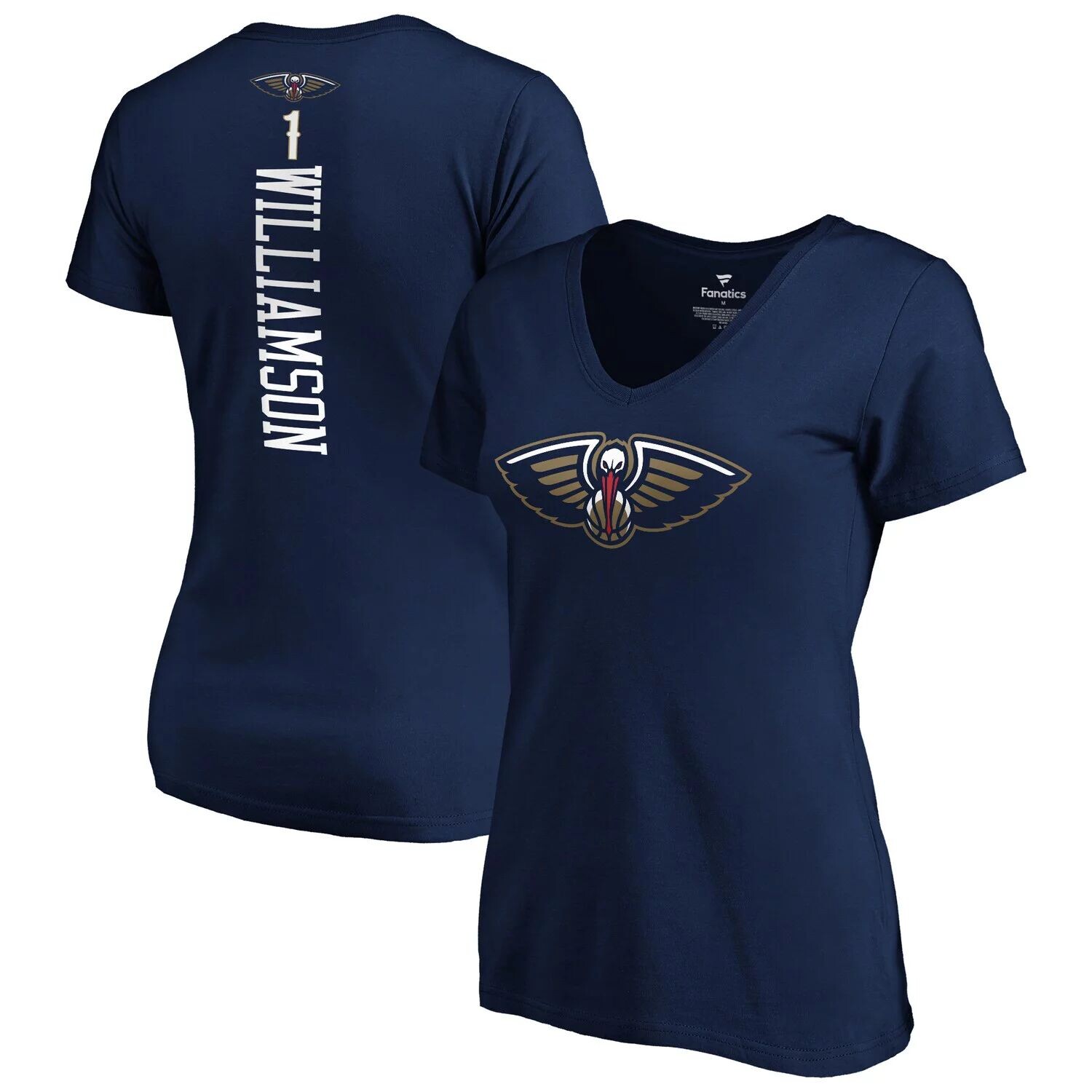 

Женская футболка Fanatics с логотипом Zion Williamson Navy New Orleans Pelicans, драфт плеймейкера НБА 2019, имя и номер, футболка с v-образным вырезом Fanatics