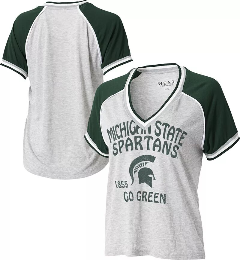 Женская серая футболка реглан с короткими рукавами и v-образным вырезом Wear By Erin Andrews Michigan State Spartans