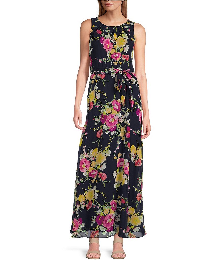 Шифоновое платье макси-трапеции Leslie Fay без рукавов с круглым вырезом и цветочным принтом, цветочный