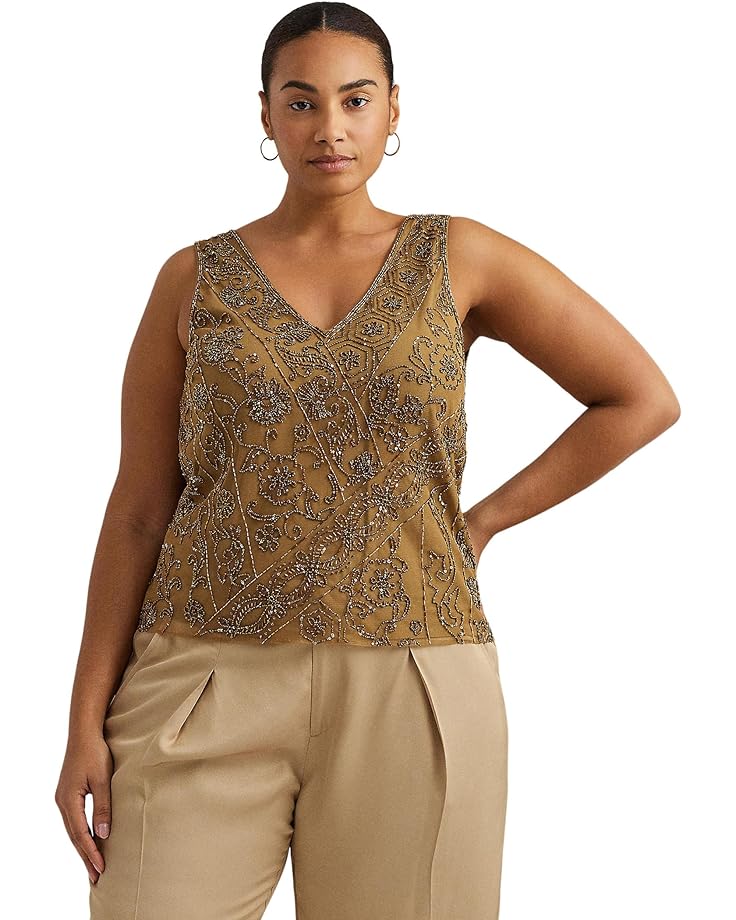 Блуза LAUREN Ralph Lauren Plus-Size Beaded Mesh Sleeveless, цвет Burnished Tan цена и фото