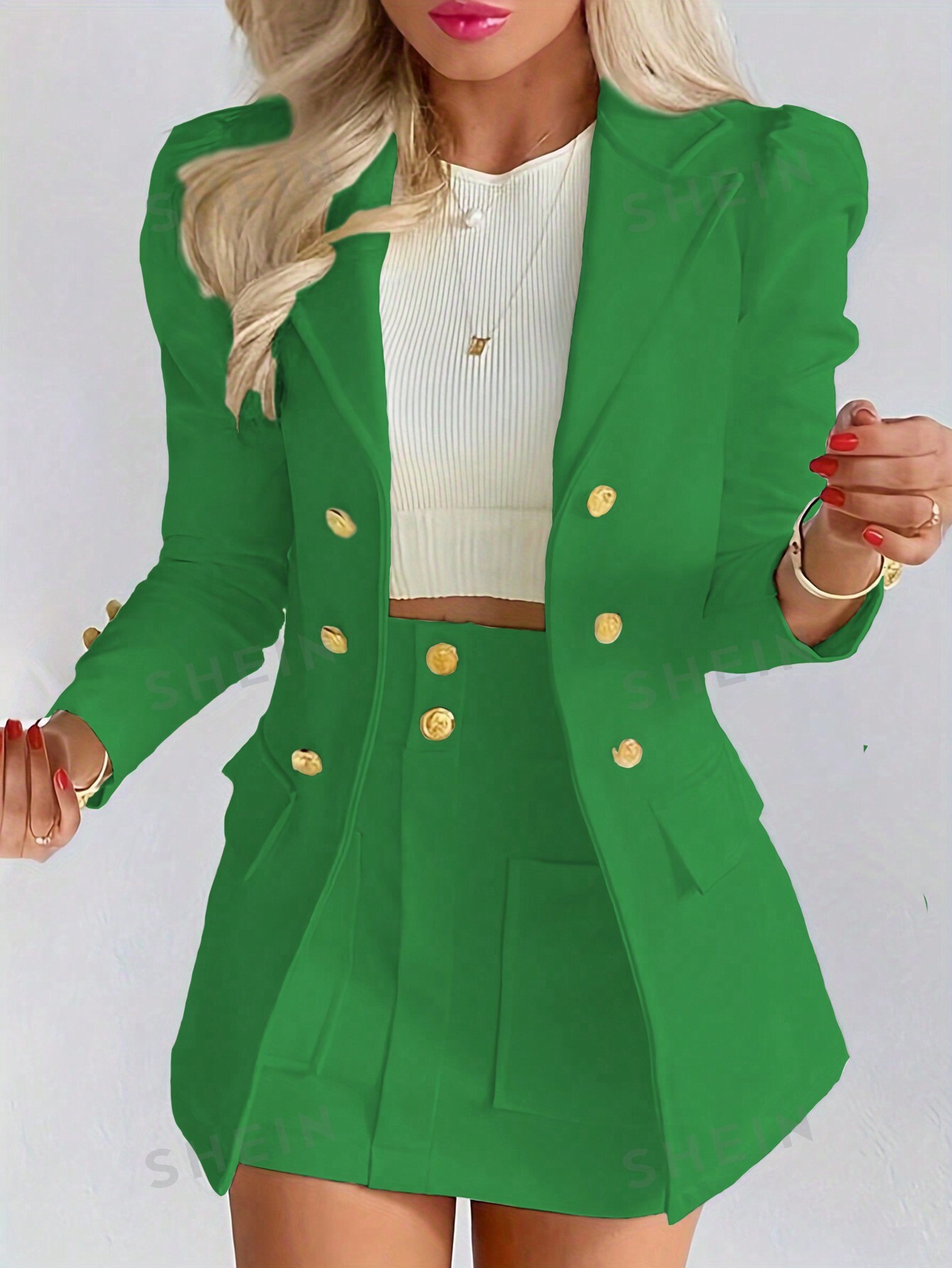 SHEIN Privé однотонный двубортный комплект из пиджака и юбки с рукавами ягненка, зеленый
