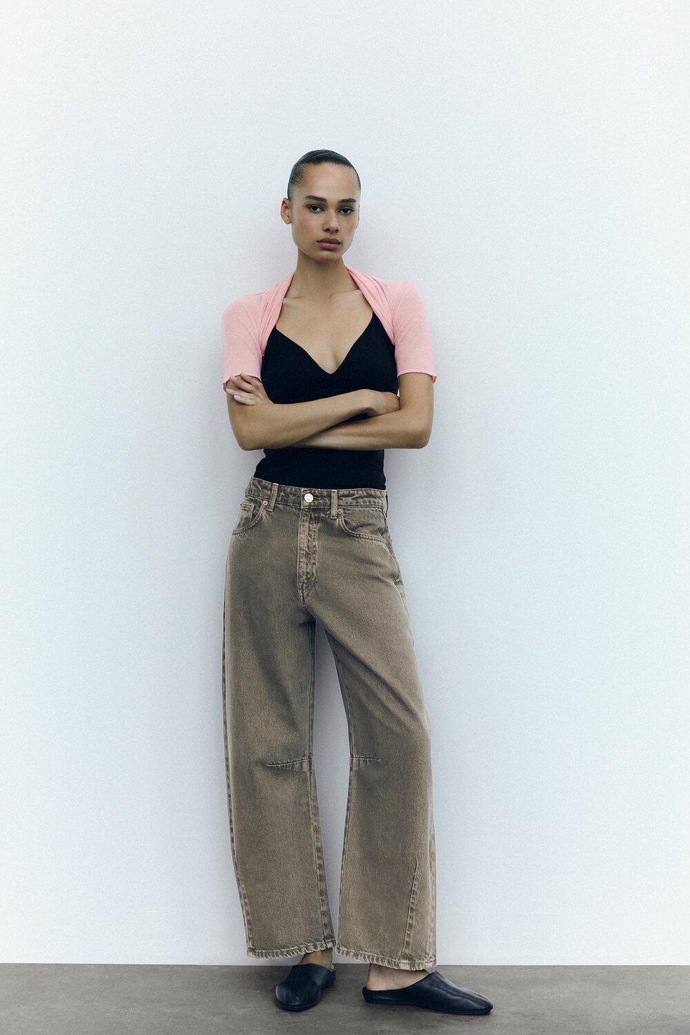 

Джинсы trf baggy balloon со средней посадкой ZARA, темно-оливковый