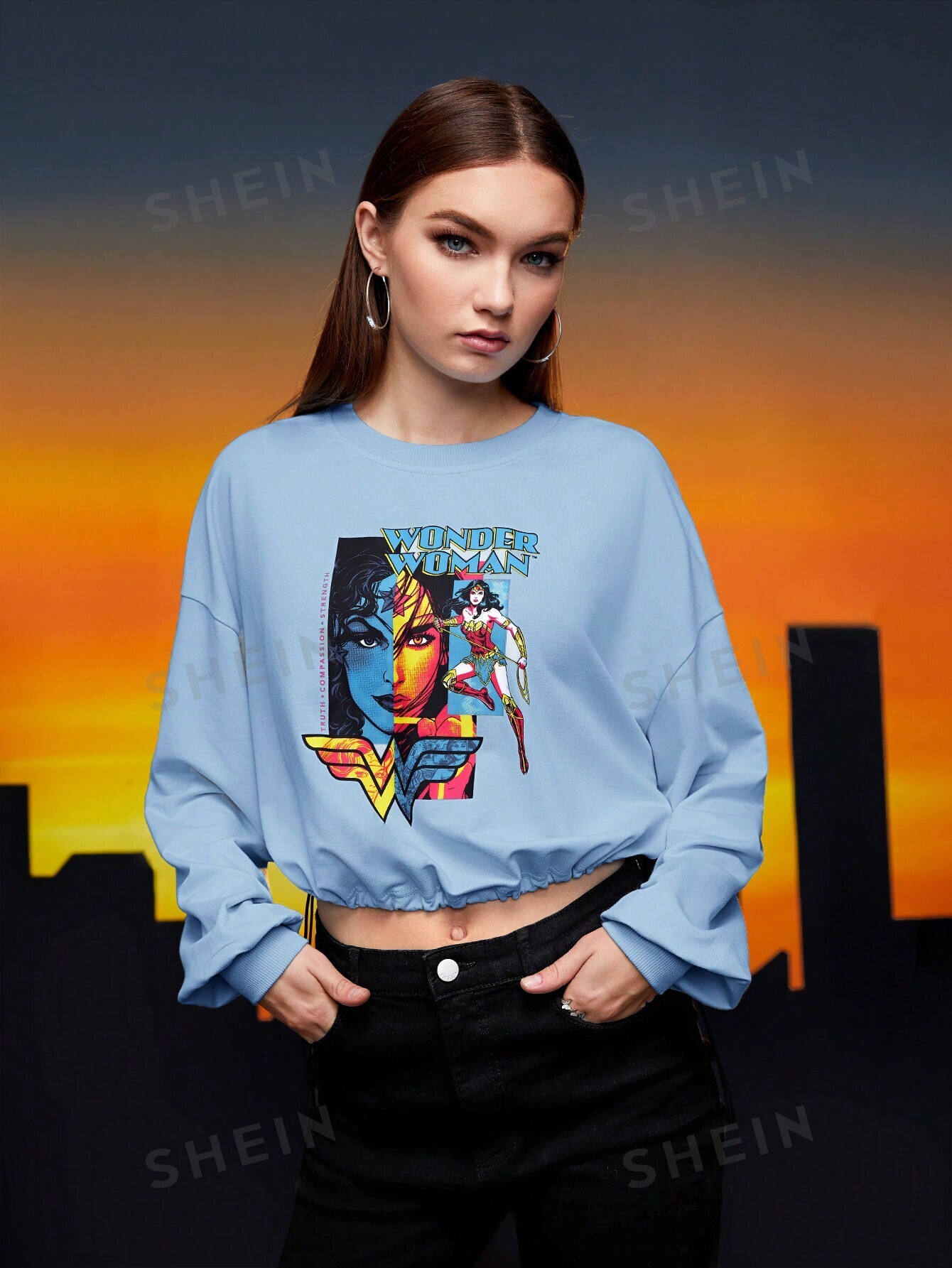 SHEIN Пуловер с заниженными плечами и завязками на подоле с рисунком и буквами, голубые