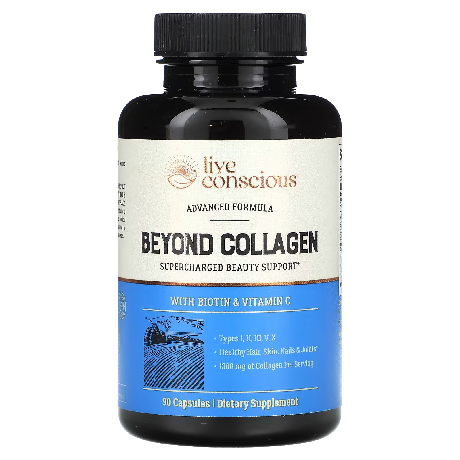 Коллаген Live Conscious Beyond Types I, II, III, V & X + Biotin & Vitamin C, 90 капсул пищевая добавка bulletproof collagen peptides ваниль 405 г