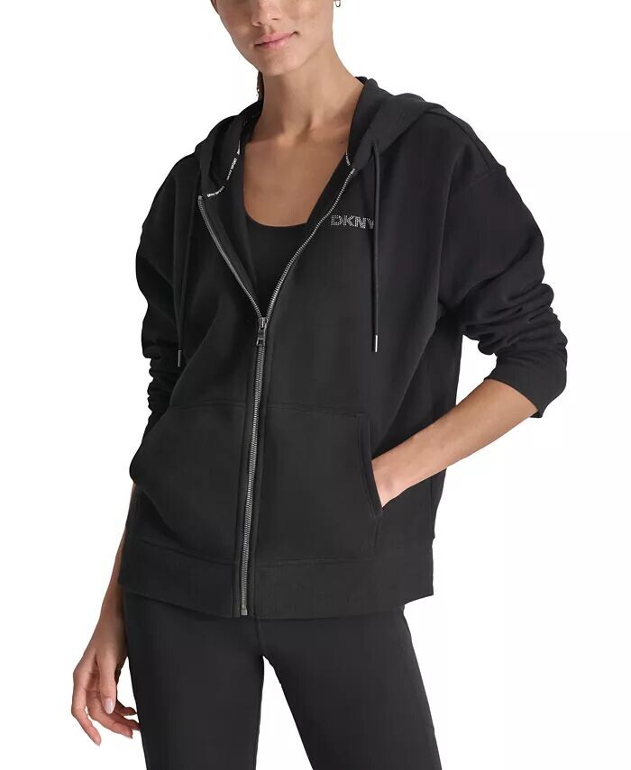 

Женская худи на молнии с мини-заклепками и логотипом DKNY, черный