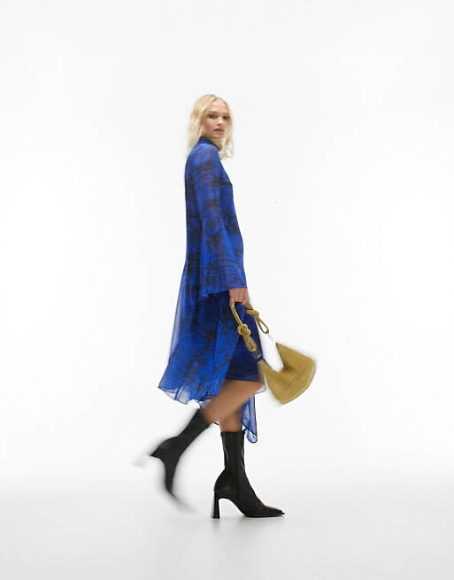 

Кобальтовое асимметричное платье миди в клетку и цветочный рифленый шов Topshop