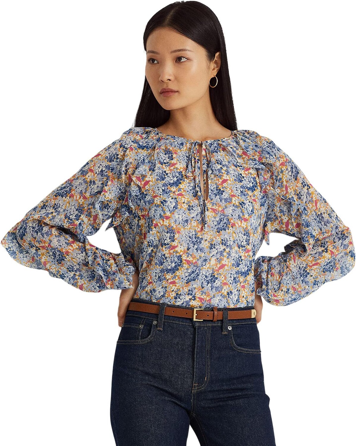 

Блузка с жатым жоржетом и завязками на шее с цветочным принтом LAUREN Ralph Lauren, цвет Blue/Pink Multi