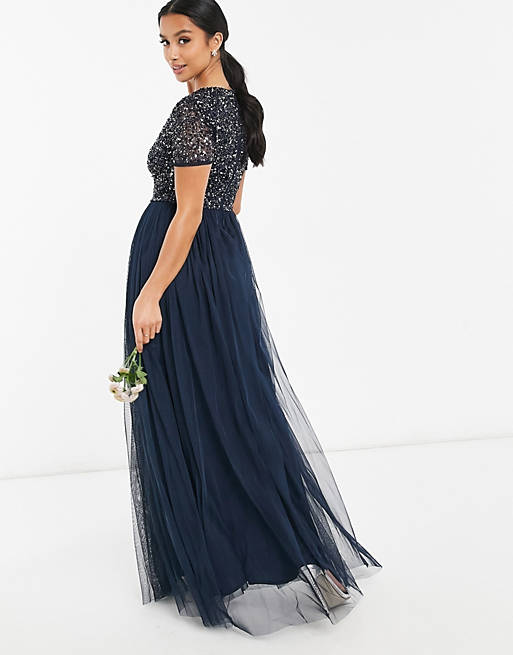 цена Темно-синее платье макси из тюля с короткими рукавами и изящными пайетками Maya Petite Bridesmaid