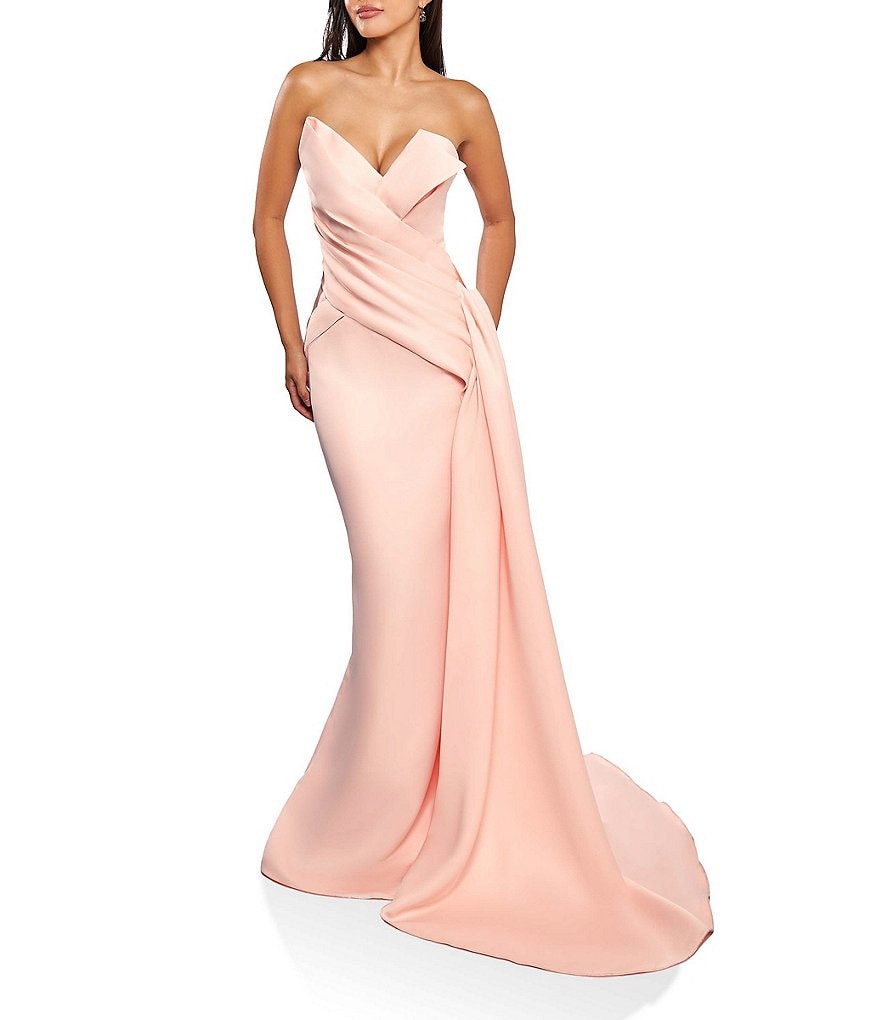 цена Terani Couture Атласное платье русалки без бретелек без рукавов с драпировкой по бокам, розовый