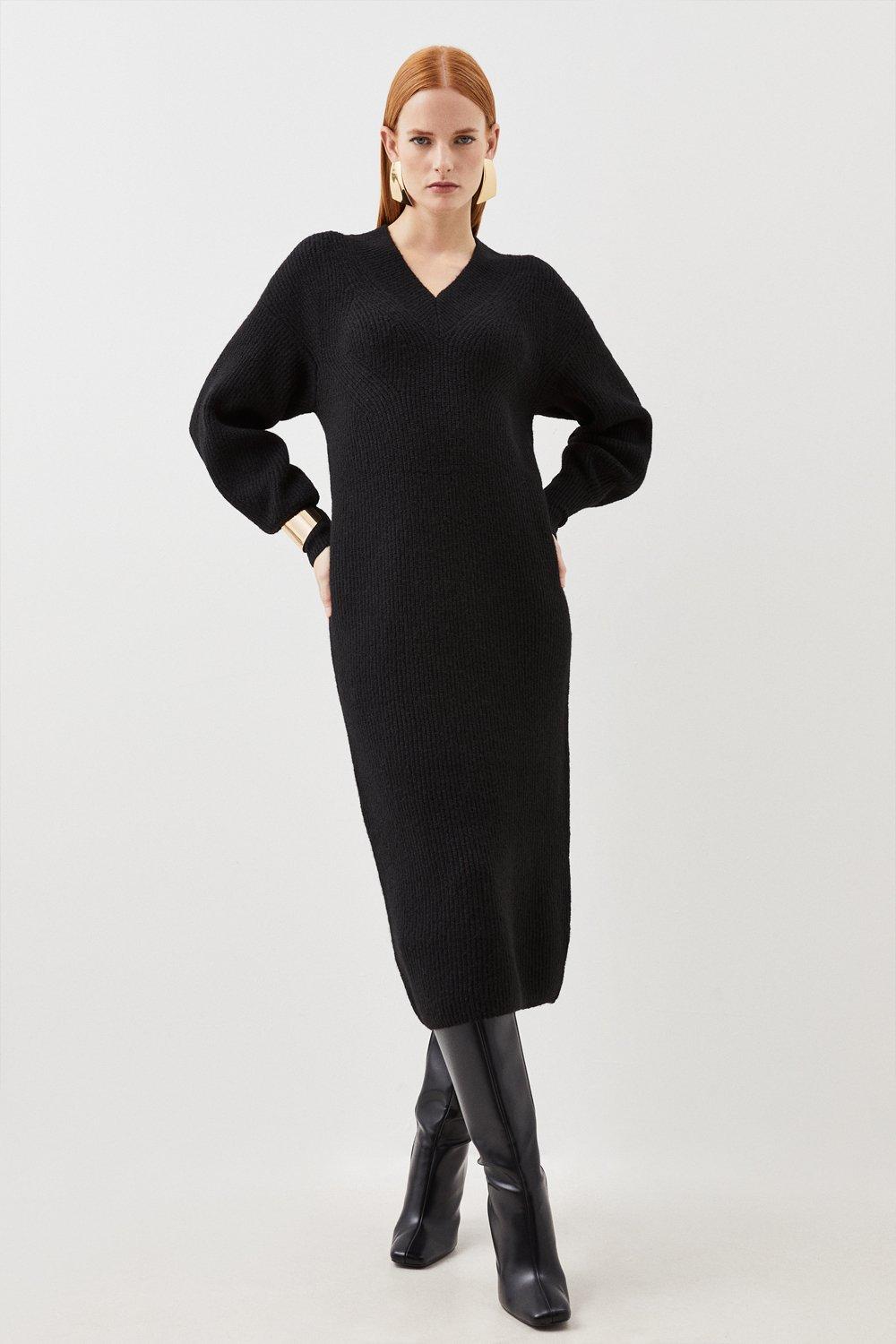 Уютное трикотажное платье миди из смесовой шерсти с V-образным вырезом Karen Millen, черный