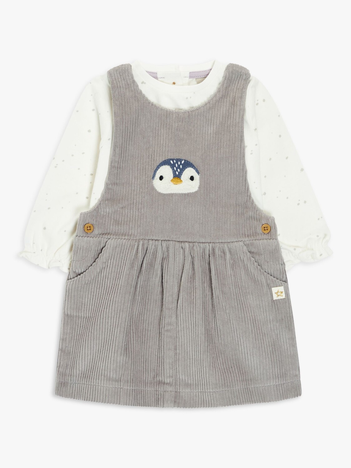 

Вельветовый передник и топ Baby Penguin John Lewis, серый/белый