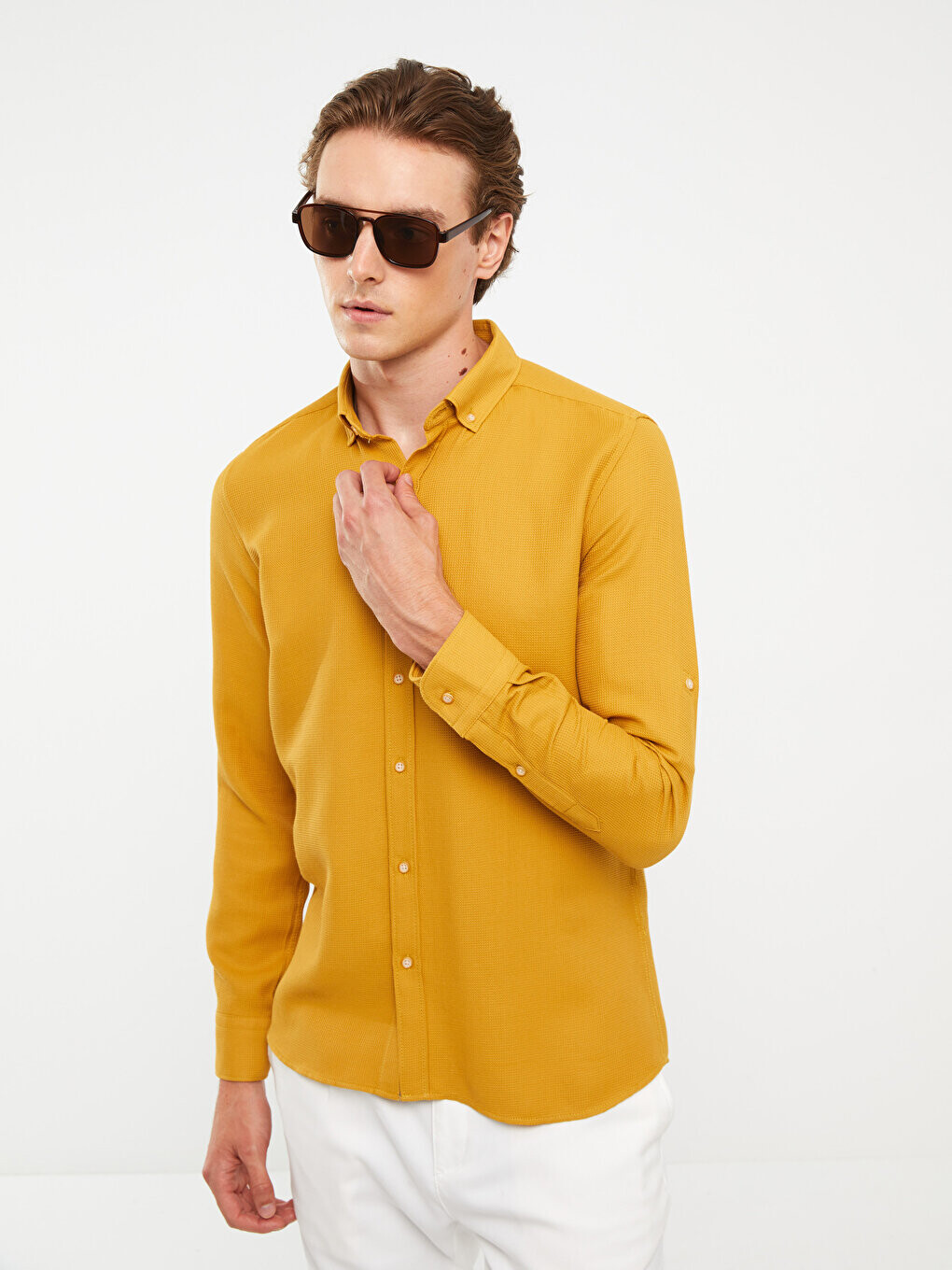 

Мужская рубашка Добби Slim Fit с длинным рукавом LCW Vision, темно-желтый