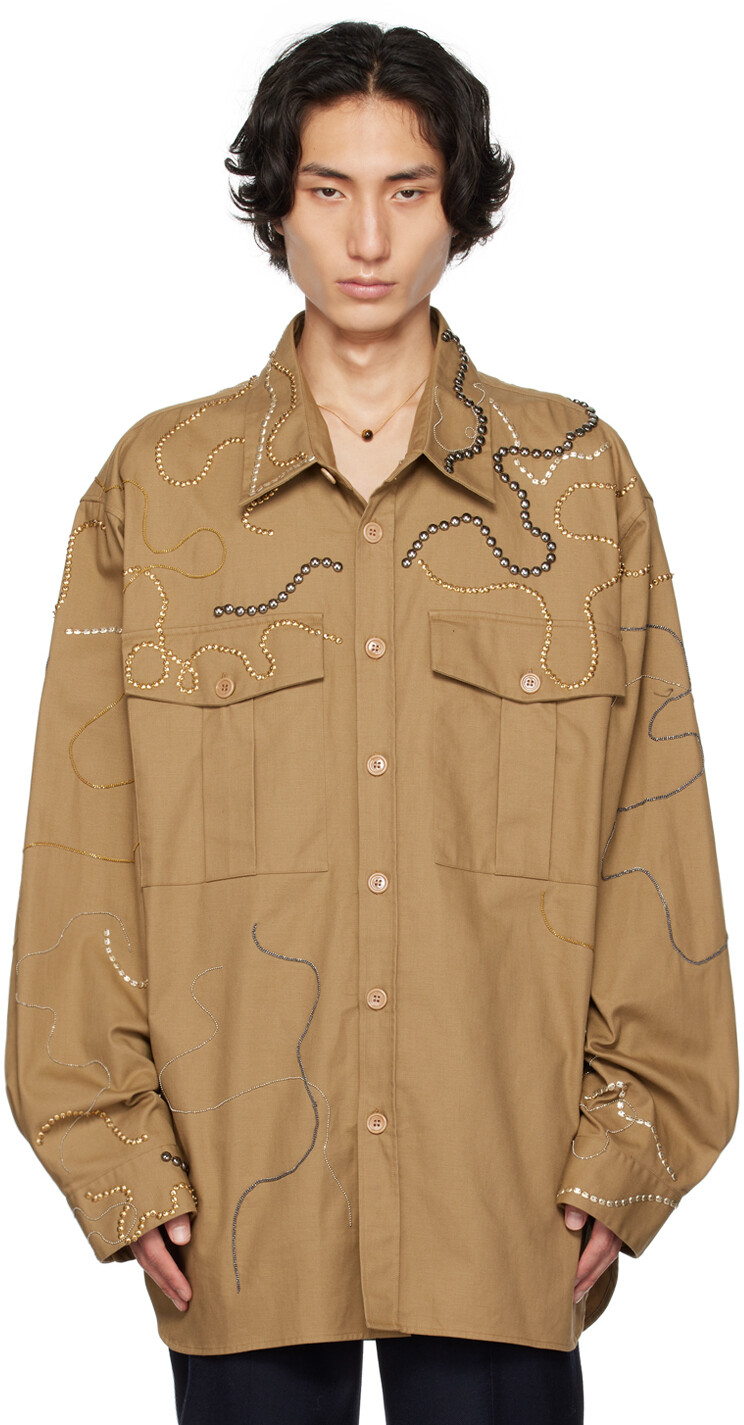 

Светло-коричневая рубашка с вышивкой Dries Van Noten