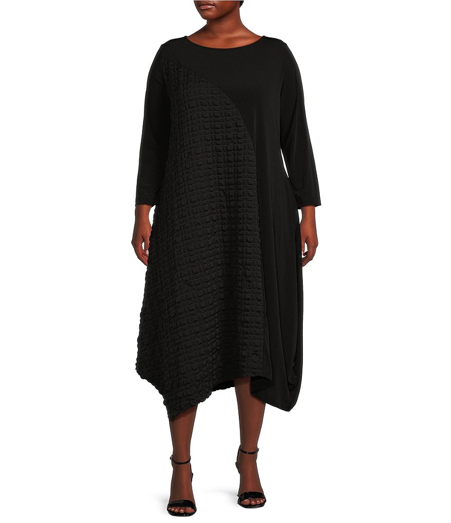 цена IC Collection Плюс Размер Двойная текстура Сморщенное трикотажное платье миди с круглым вырезом и рукавами 3/4 Асимметричный подол, черный