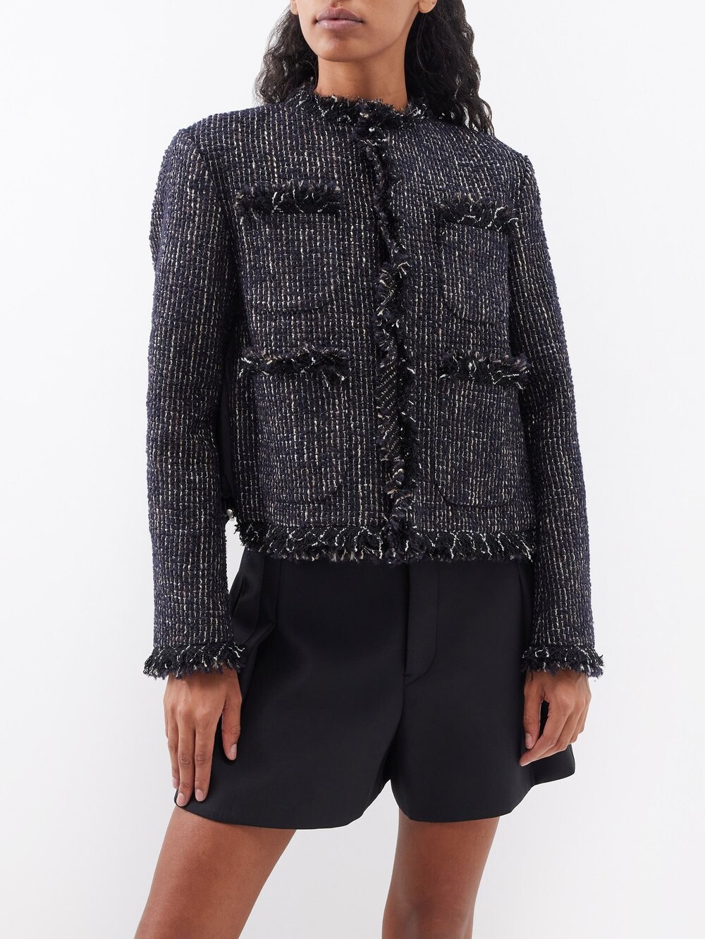 

Твидовый пиджак с потертостями из смесовой шерсти Sacai, черный