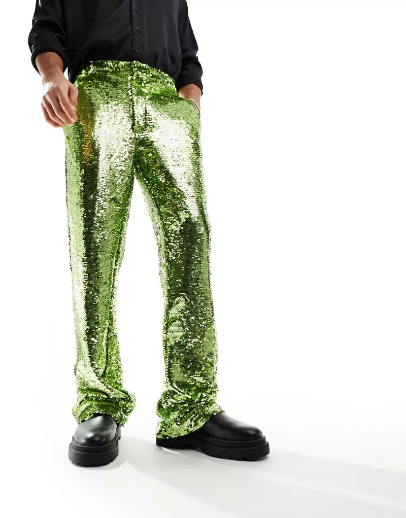 Элегантные расклешенные брюки с пайетками ASOS салатового цвета лайма