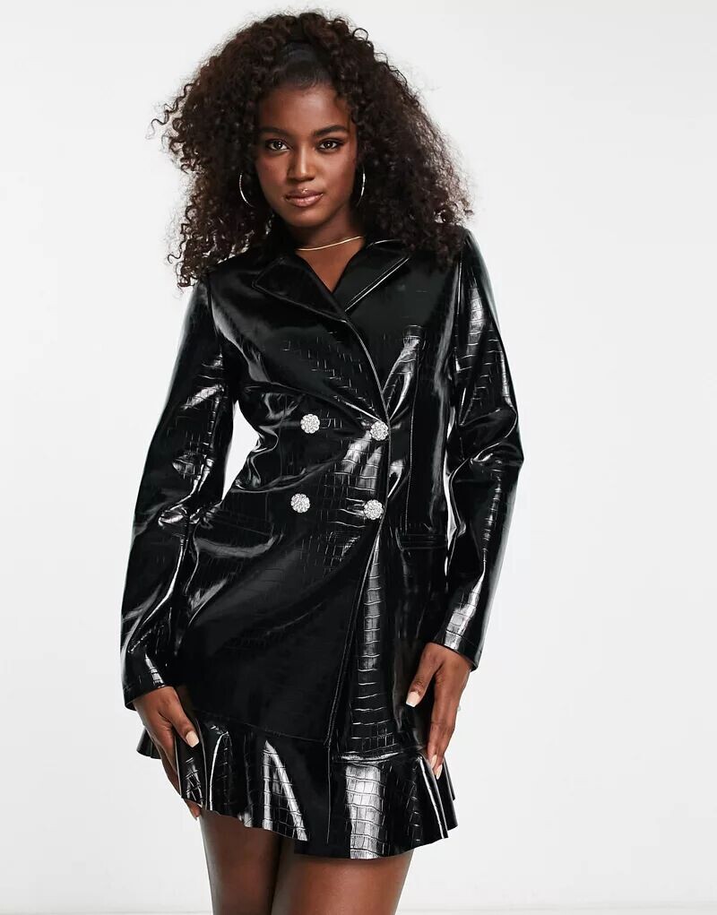 

Черный пиджак из искусственной кожи Miss Selfridge с рюшами по низу