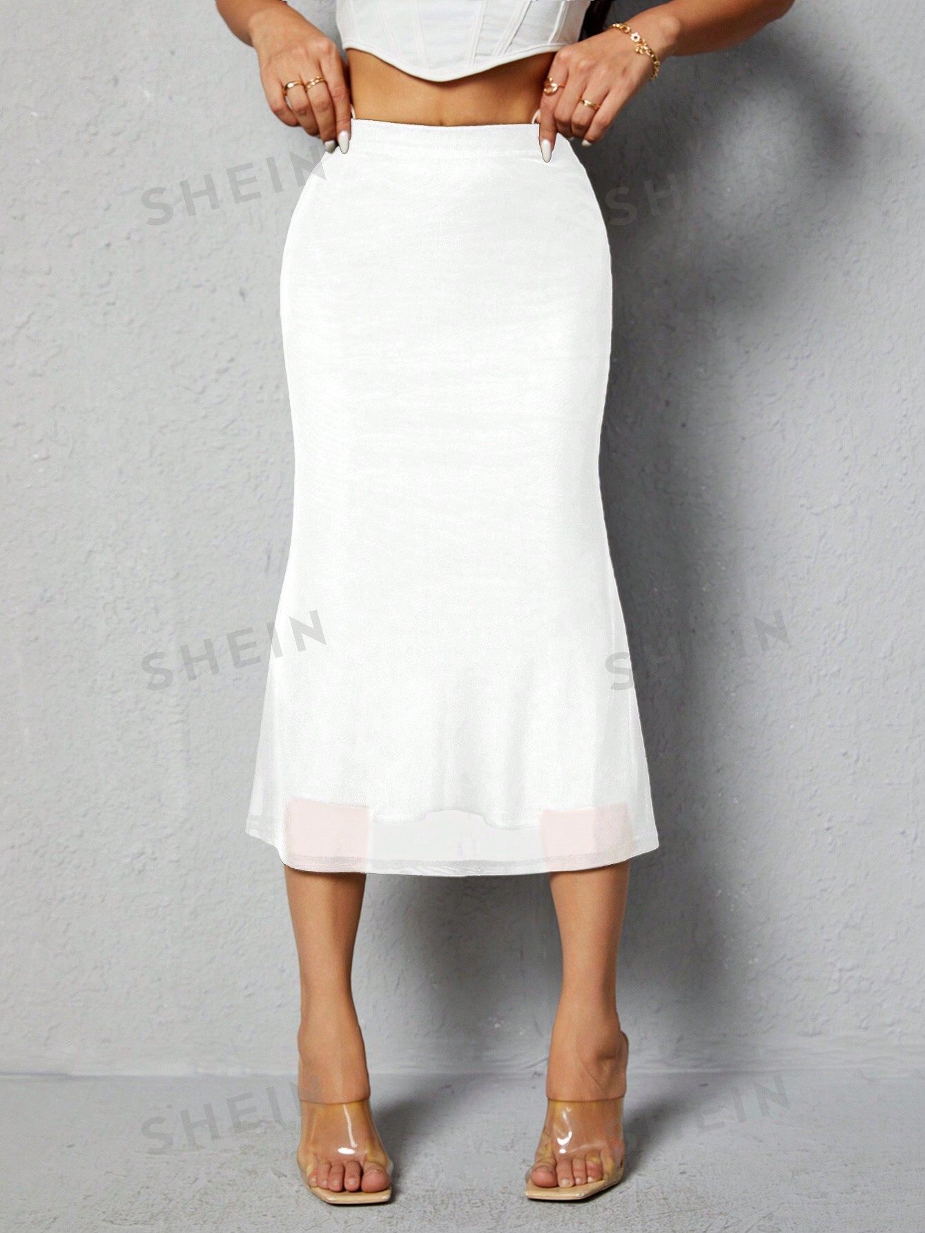 SHEIN PETITE Женская однотонная юбка миди с хвостом русалки, белый
