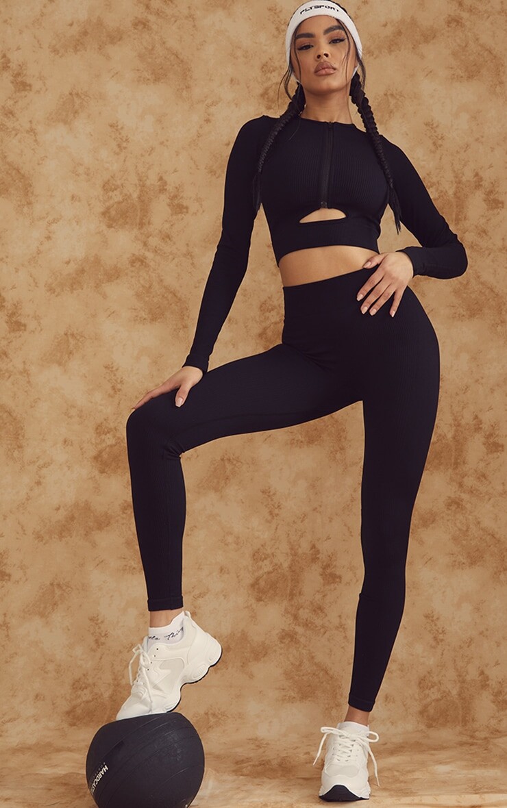 

PrettyLittleThing Черные бесшовные леггинсы для спортзала в рубчик