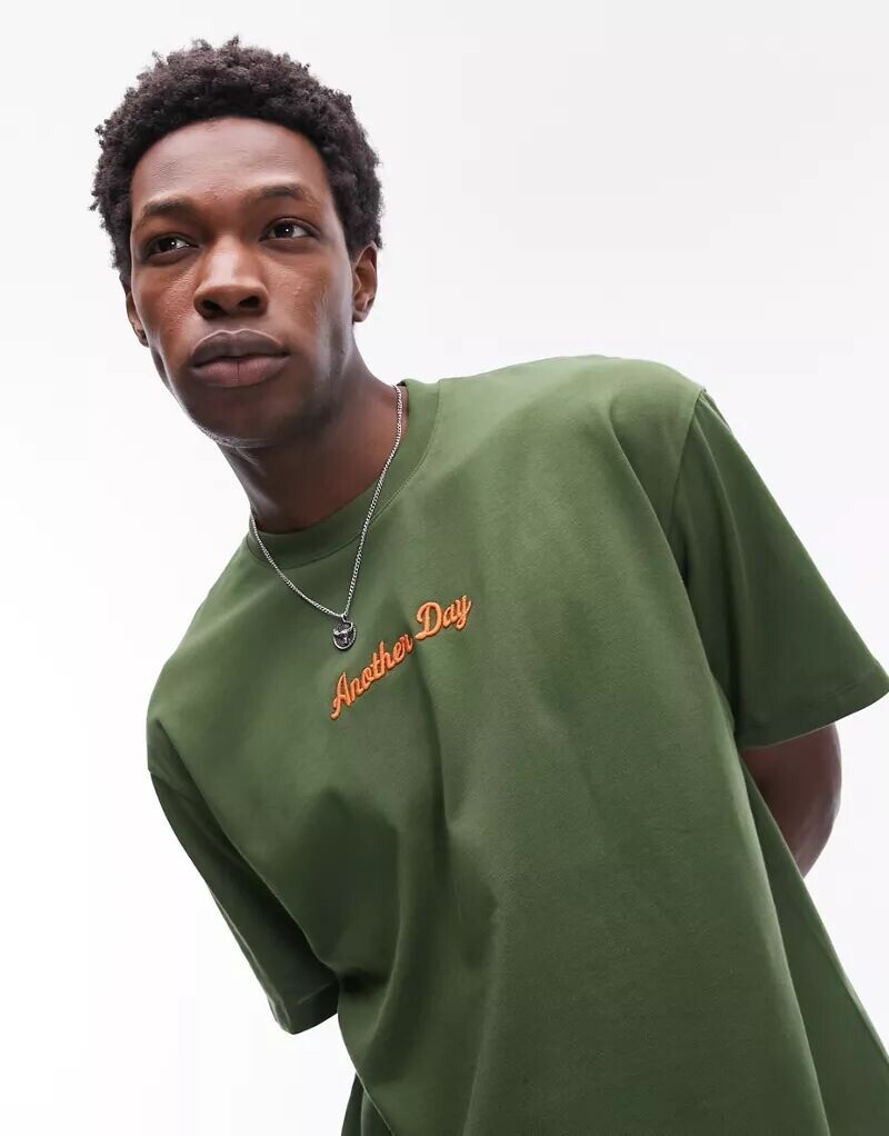 

Зеленая футболка оверсайз премиум-класса Topman с вышивкой Another Day