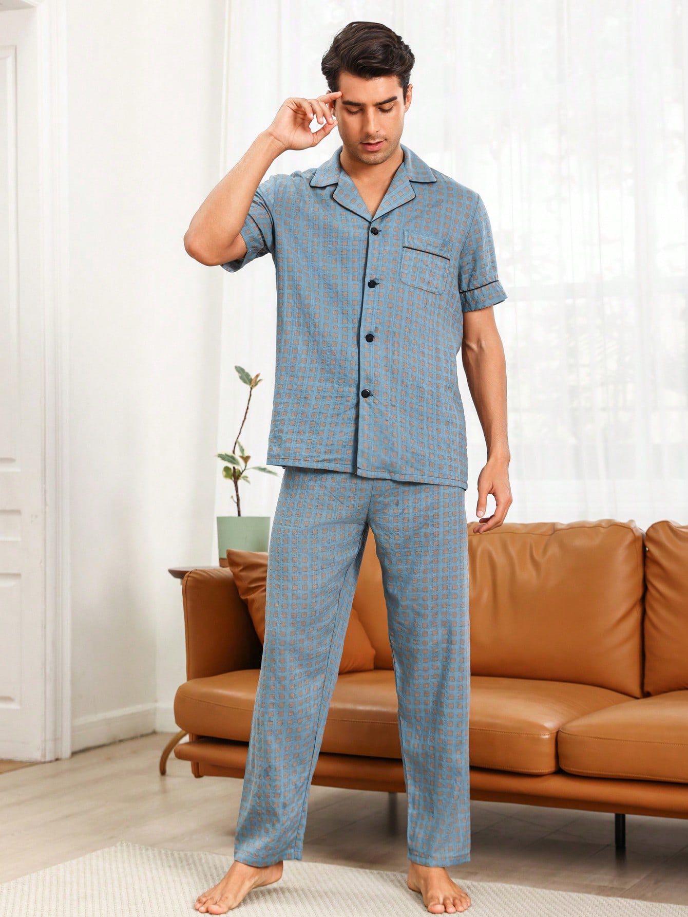 Мужской домашний костюм с короткими рукавами и длинными брюками с геометрическим принтом, серый