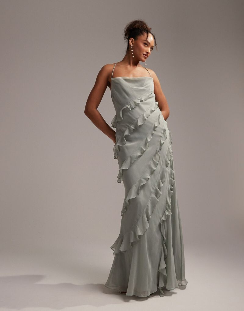 

Зеленое платье макси на бретельках с оборками ASOS DESIGN Bridesmaids